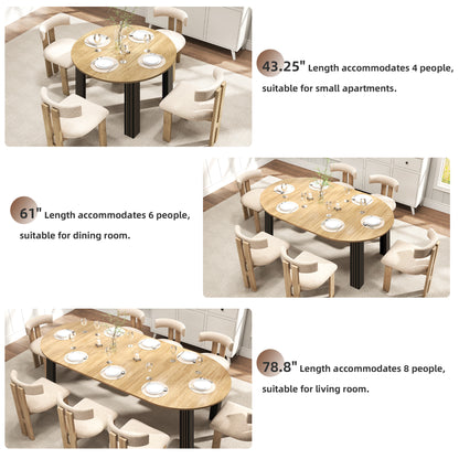 43-Inch Extendable Round Dining Table for 6-8 People, Light Oak Wooden Kitchen Table with Leaf 43"-78", Expandable Oval Dining Table with Black Legs for Dining Room, Apartment