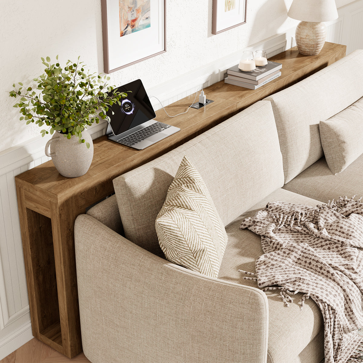 94.5'' Extra Long Console Table, Narrow Sofa Behind Couch Table with Outlet Skinny Entryway Table with USB Charging, Farmhouse Wood Foyer Table for Hallway, Living Room, Natural Oak