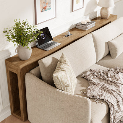 94.5'' Extra Long Console Table, Narrow Sofa Behind Couch Table with Outlet Skinny Entryway Table with USB Charging, Farmhouse Wood Foyer Table for Hallway, Living Room, Natural Oak