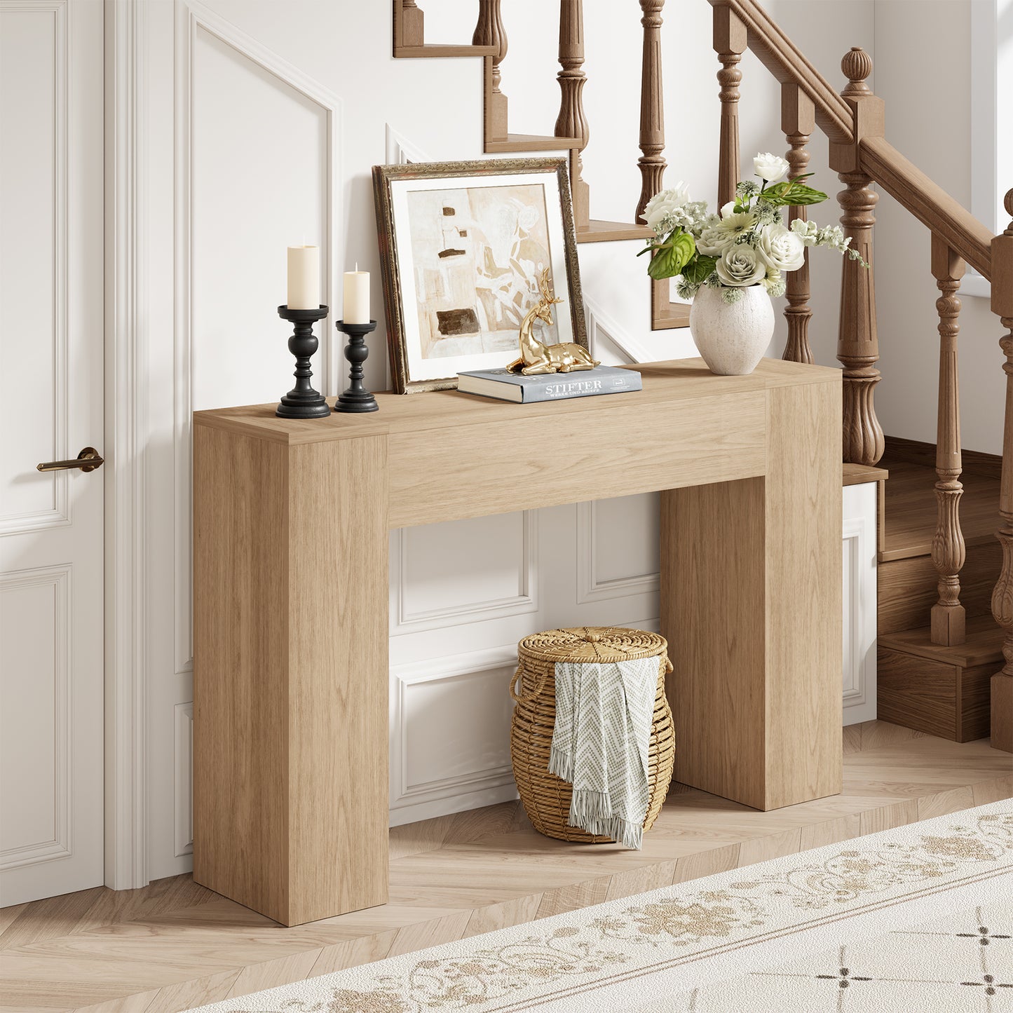 43 Inch Small Light Oak Console Table for Hallway Entryway Entrance | Farmhouse Wood Table, Small Console, for Living Room Behind Couch Sofa, Easy Assembly