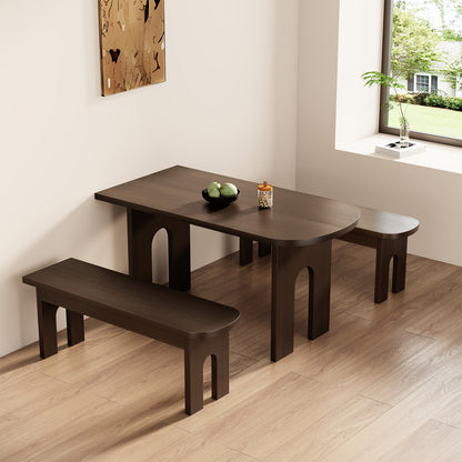 Dining Table with Stools for 4 Person, 55-inch Kitchen Wood Dinner Table Set with 2 Piece Benches Wooden Tabletop Dining Room Table for Living Room, Apartment, Retro Brown