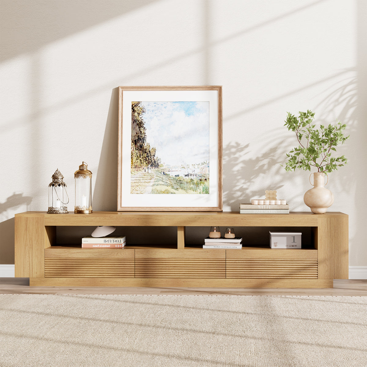 86-in Fluted TV Stand for Living Room with LED Lights, Light Oak Modern Media Console with 3 Drawers & Open Shelves, Large Entertainment Center for TVs up to 85 In for Living Room