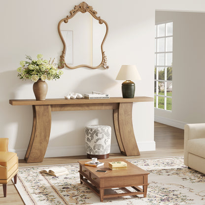 70.9-Inch Wood Console Table for Entryway Living Room, Extra Long Rectangular Natural Sofa Tables with Farmhouse Wooden Curved Base for Home Hallway Couch Foyer Entrance, Light Brown Oak