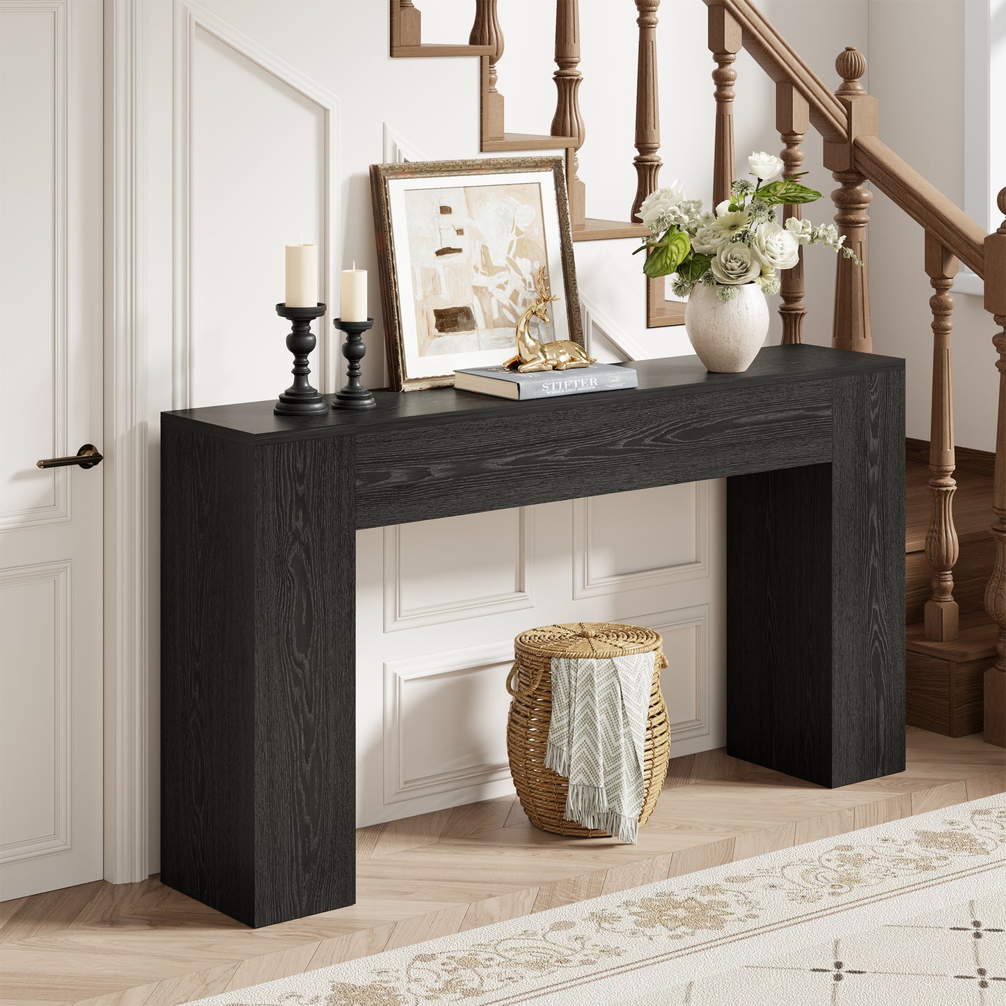 53 Inch Black Farmhouse Console Table for Entryway Hallway | Small Entryway Table, Wood Black Finish, Behind Sofa Couch, Easy Assembly, Display Decor, 12"D x 53.25"W x 31.5"H