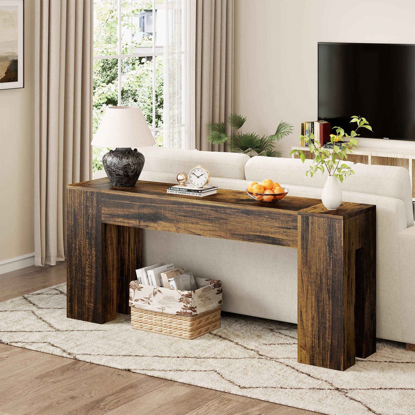 Epecoya Extra Long Sofa Console Table for Entryway Living Room, 71-Inch Farmhouse Wood Behind Couch Table, Rectangular Accent Console with Wooden Double Base for Hallway Foyer Entrance, Rustic Brown