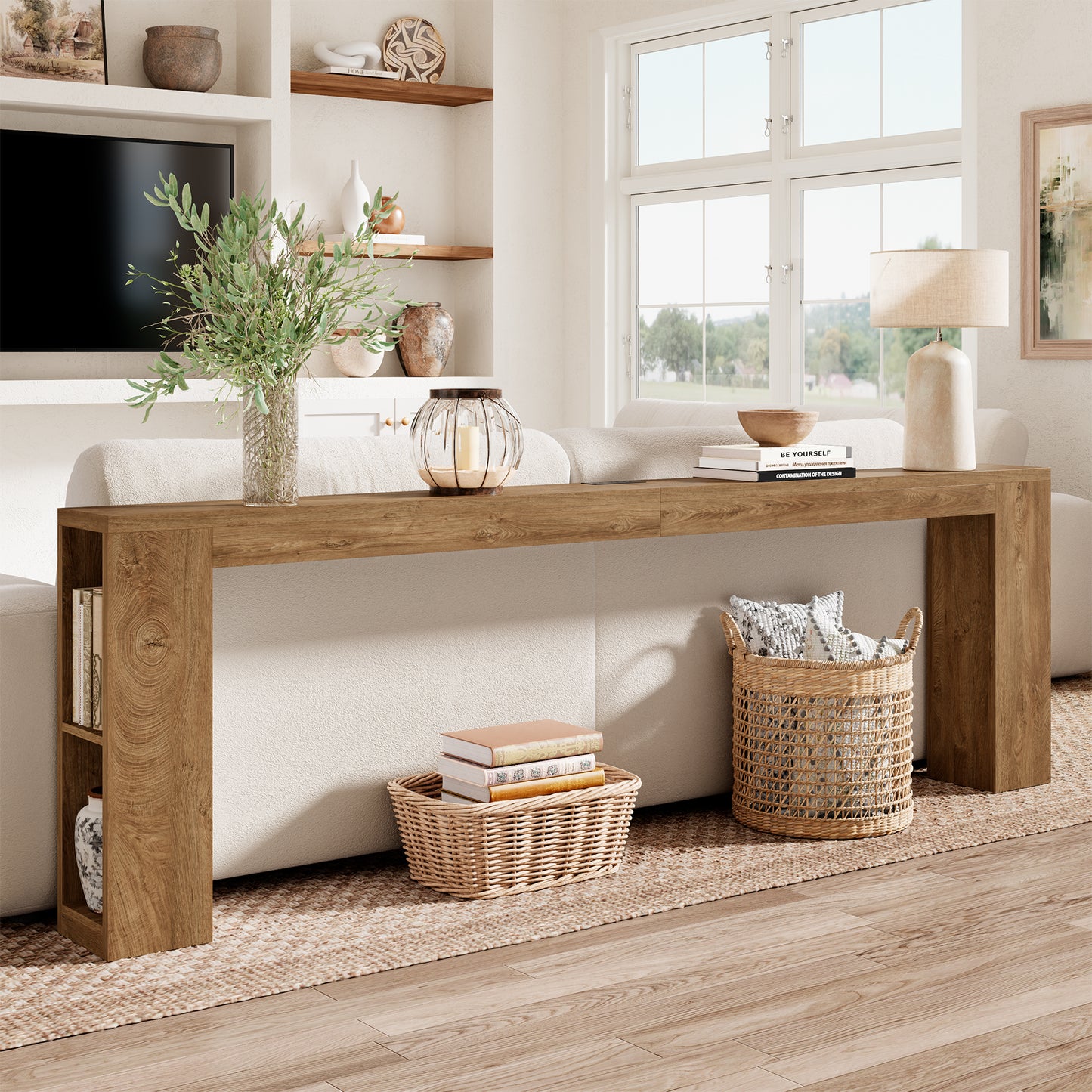 94.5-Inch Extra Long Console Table with USB Outlet & Storage, Narrow Sofa Behind Couch Table with Charging Station, Farmhouse Wood Entryway Table for Hallway Foyer Living Room, Oak Brown