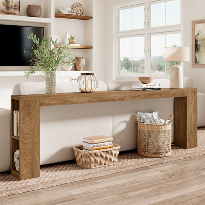 94.5-Inch Extra Long Console Table with USB Outlet & Storage, Narrow Sofa Behind Couch Table with Charging Station, Farmhouse Wood Entryway Table for Hallway Foyer Living Room, Oak Brown