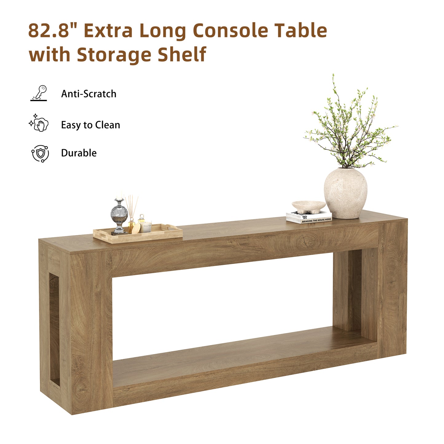 82.8-Inch Farmhouse Console Table with Storage Shelf, Natural Wood Finish - Extra Long Sofa Table Behind Couch, Entryway Table for Entrance, Hallway, Living Room