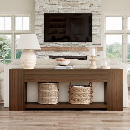 Extra Long Console Table with Open Shelf 86-Inch, Walnut Brown | 2-Tier Sofa Table Behind Couch with Storage, Mid Century Console Table for Entryway, Entrance, Living Room