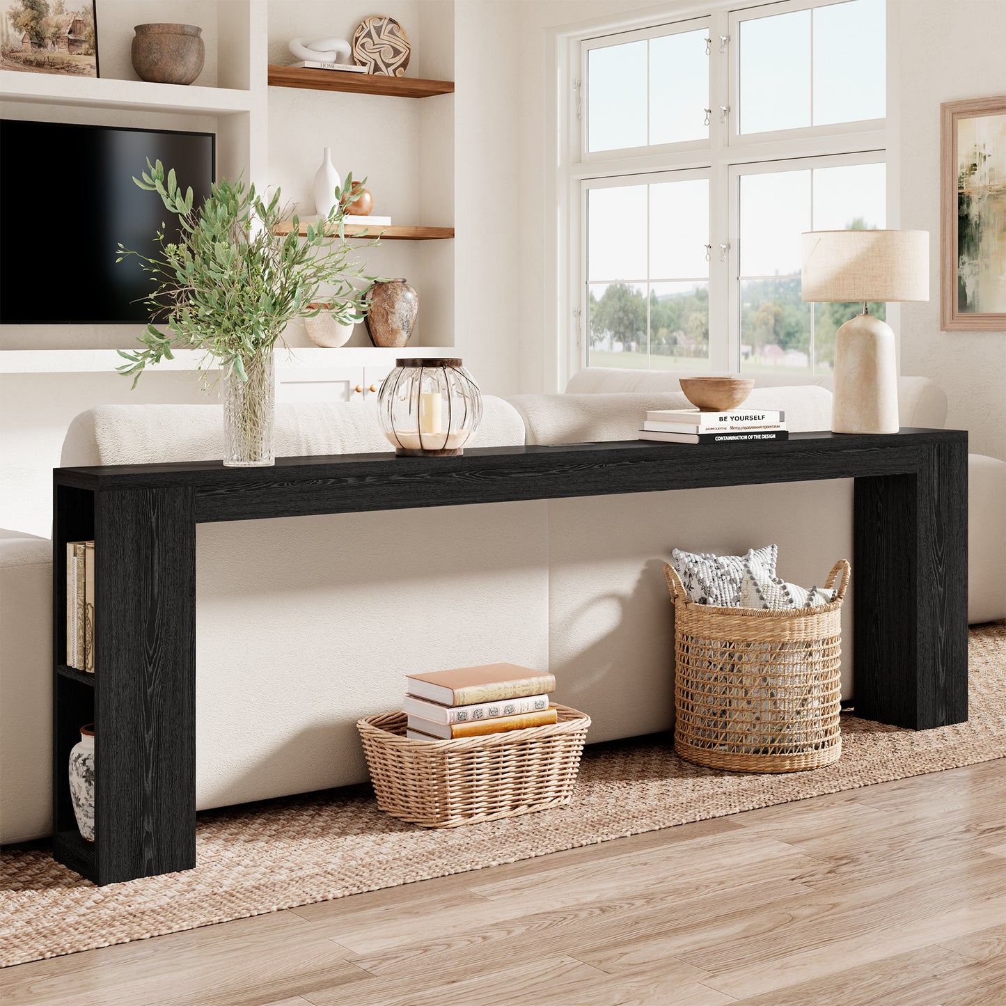 94.5" Narrow Console Table with USB Charging & Storage, Black | 94.5"Extra Long Slim, Behind Sofa Couch Table with Outlet, Black Wood Finish, for Entryway,Hallway, Easy Assembly