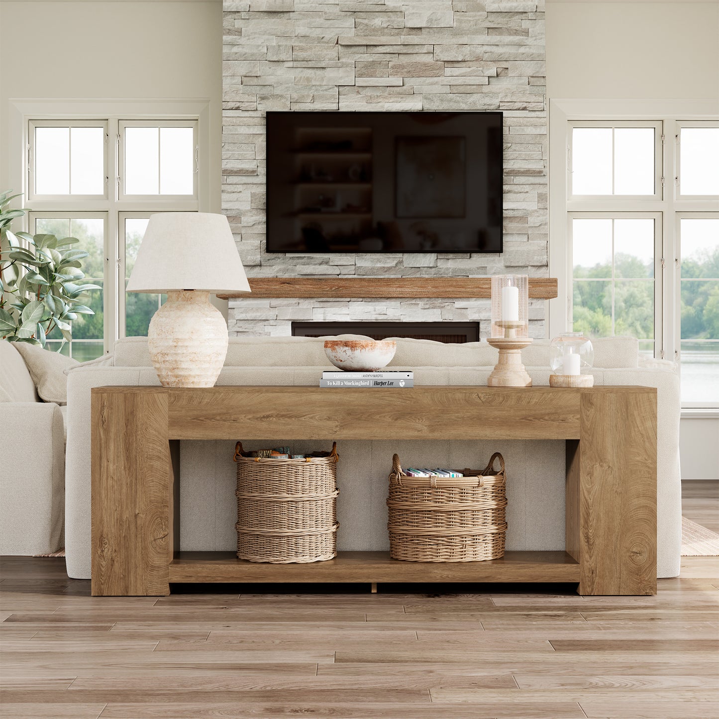 86-Inch Extra Long Console Table for Entryway, Farmhouse Sofa Table Behind Couch Wooden, 2-Tier Entry Console Tables with Storage for Entrance, Living Room, Natural Oak Brown