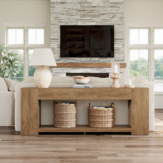86-Inch Extra Long Console Table for Entryway, Farmhouse Sofa Table Behind Couch Wooden, 2-Tier Entry Console Tables with Storage for Entrance, Living Room, Natural Oak Brown