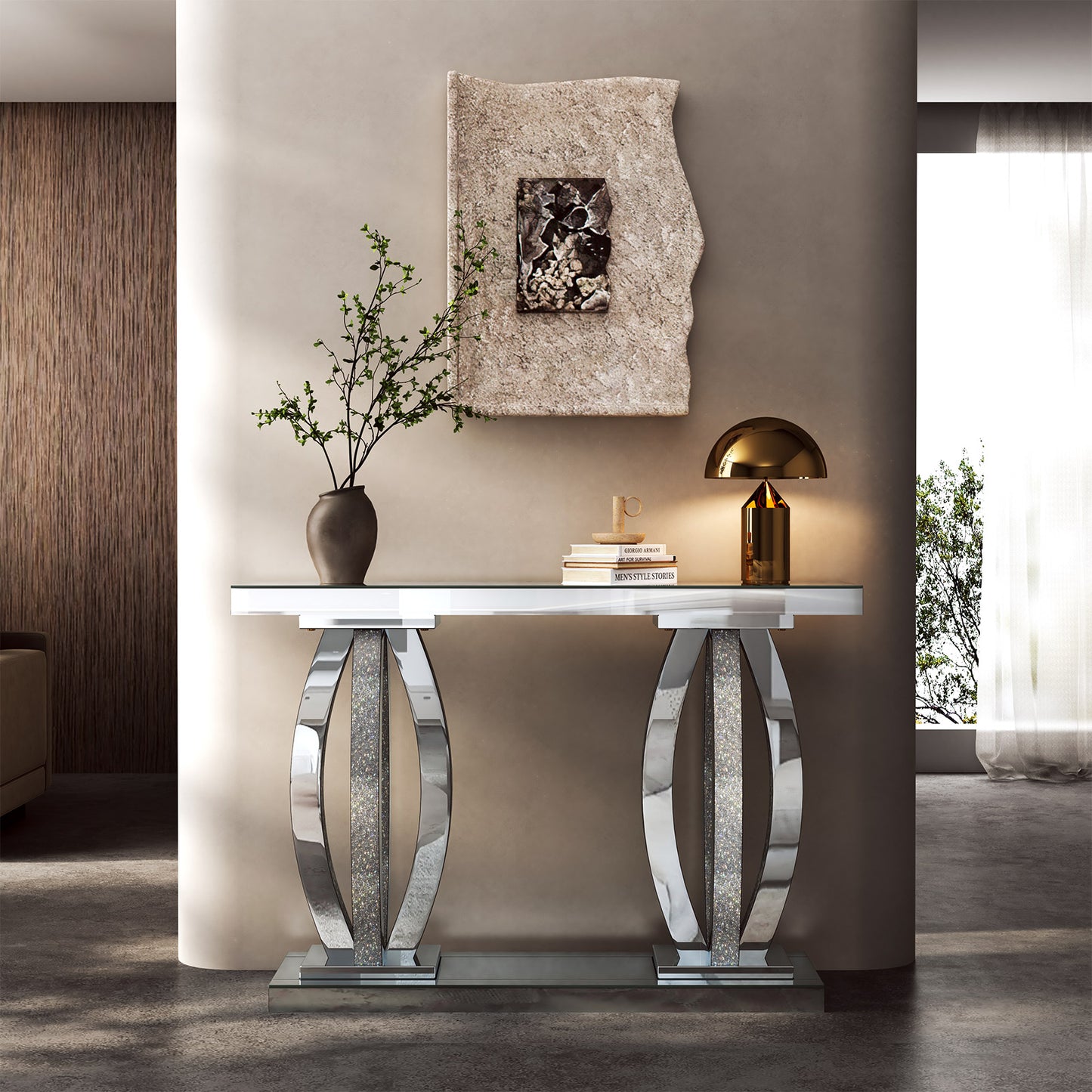 47-Inch Modern Mirrored Console Table with Crushed Diamond Finish for Living Room Entryway, Contemporary Mirror Sofa Tables with Silver Glass Top for Hallway Behind Couch, Silver
