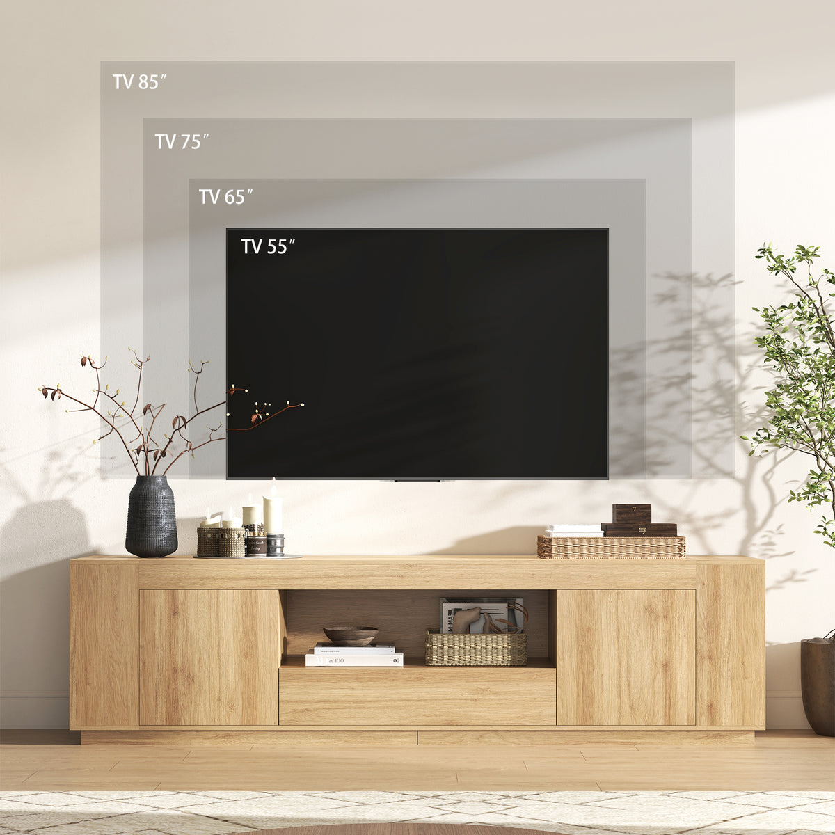 Light Wood Entertainment Center with Drawers, 78-Inch Modern TV Stands for Living Room, Farmhouse TV Console Cabinets with Open Section, Natural Teak