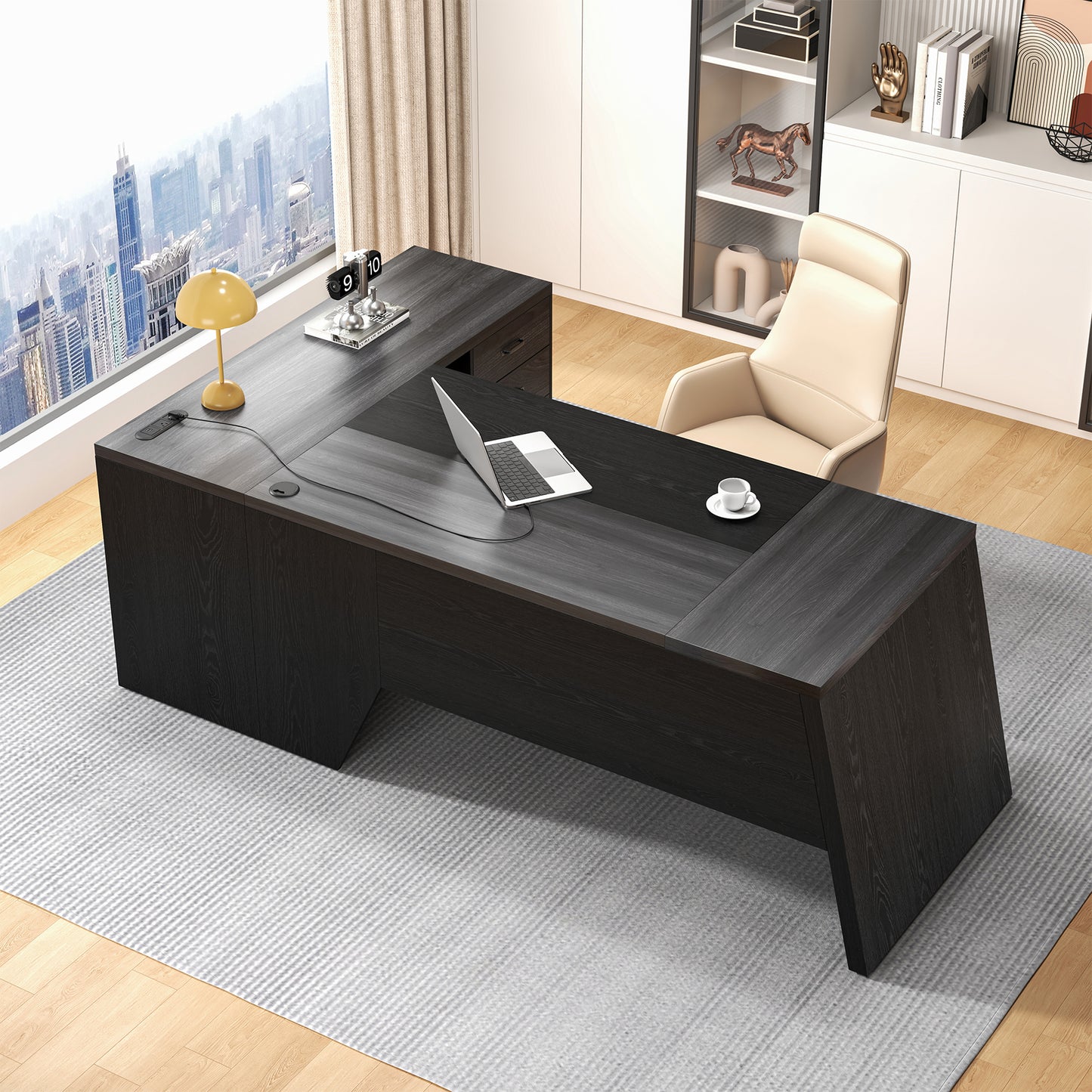 Epecoya 78 Inch L Shape Executive Desk, Large Modern Home Office Desk with Drawer and Cord Hold Management, Wooden Business Furniture for CEO Boss Manager, Black Gray