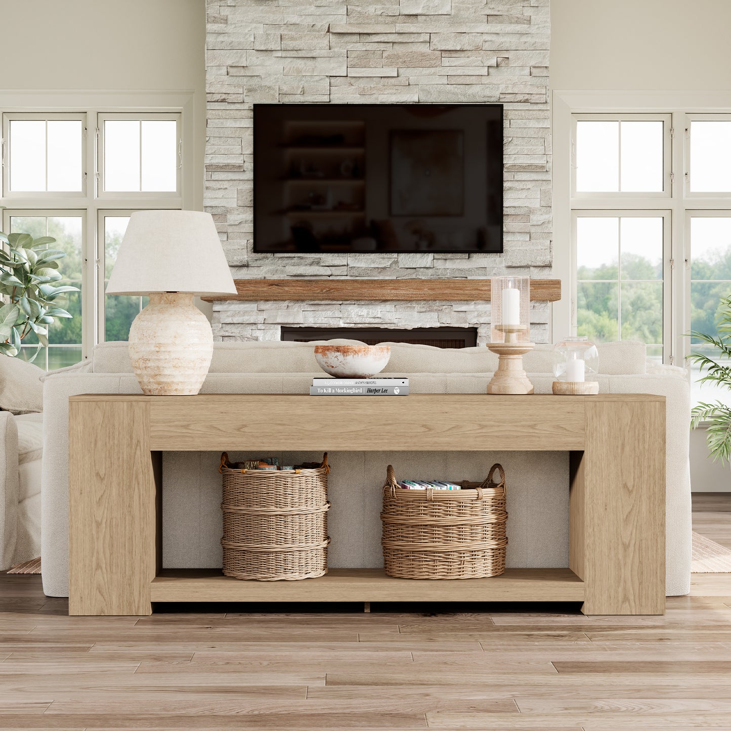 Console Table for Entry Way with Storage 86 Inch, Extra Long Sofa Table Behind Couch for Living Room, Wooden Entryway Entrance Table with 2-Tier Shelves, Light Oak