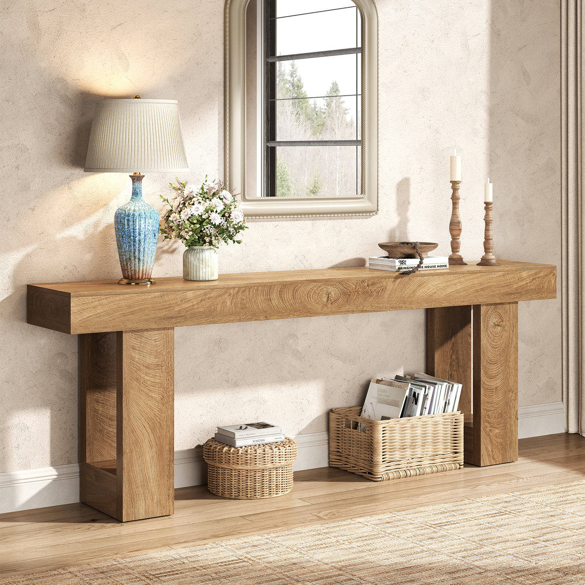 Extra Long Console Tables for Entryway 78.7-Inch, Natural Oak Brown Farmhouse Sofa Tables Narrow Long, Rectangular Wooden Entryway Tables for Living Room, Entrance, Hallway