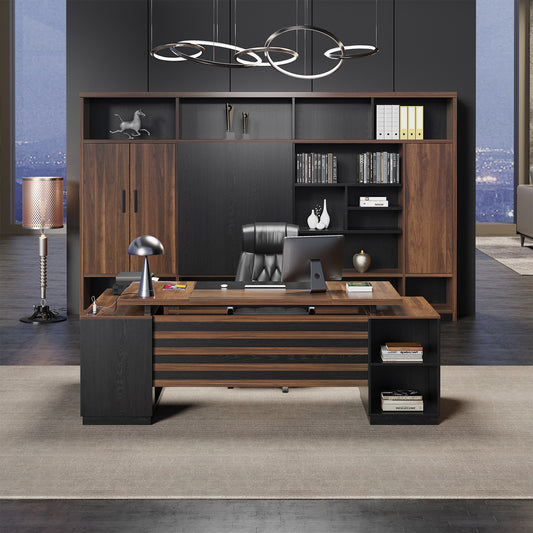 L-Shaped Executive Desk with Power Outlet, 78-Inch Large Office Desk with Drawer and Lateral File Cabinet, Modern Computer Table with Open Shelf and Storage Cabinet for Home Office Study, Brown Black