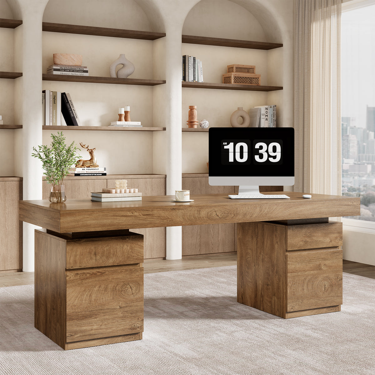 71-Inch Wood Executive Desk with Storage, Home Office Desk Large Computer Desk with Drawers & Cabinets, Farmhouse Writing Table for Work, Study, Business Workstation, Natural Oak Brown