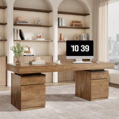 71-Inch Wood Executive Desk with Storage, Home Office Desk Large Computer Desk with Drawers & Cabinets, Farmhouse Writing Table for Work, Study, Business Workstation, Natural Oak Brown