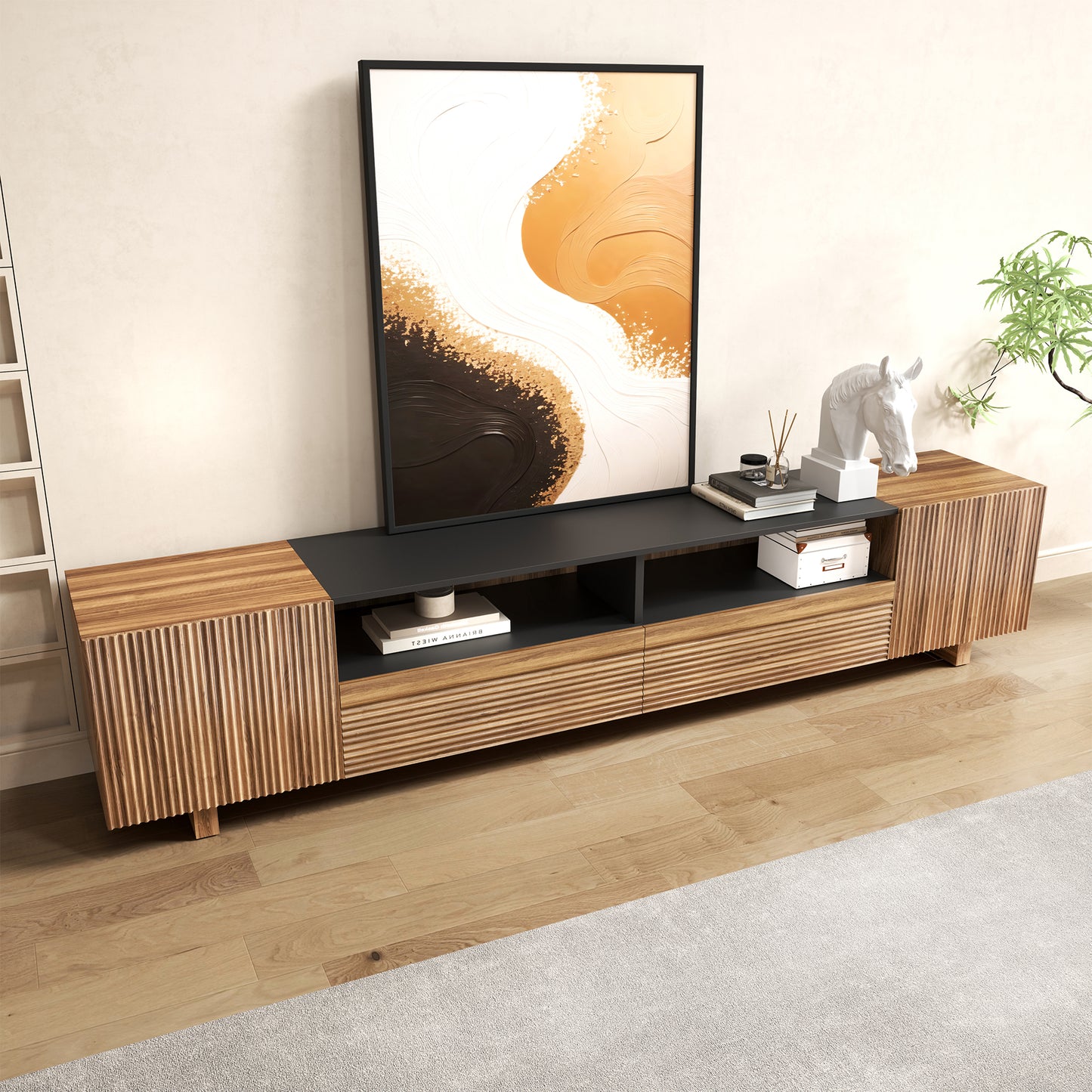 78.8 Inch TV Stand with Storage Cabinets for Living Room, TVs Media Console Entertainment Center with Drawers, Wood Fluted Television Stands with Open Shelves for Bedroom, Dark Brown Walnut