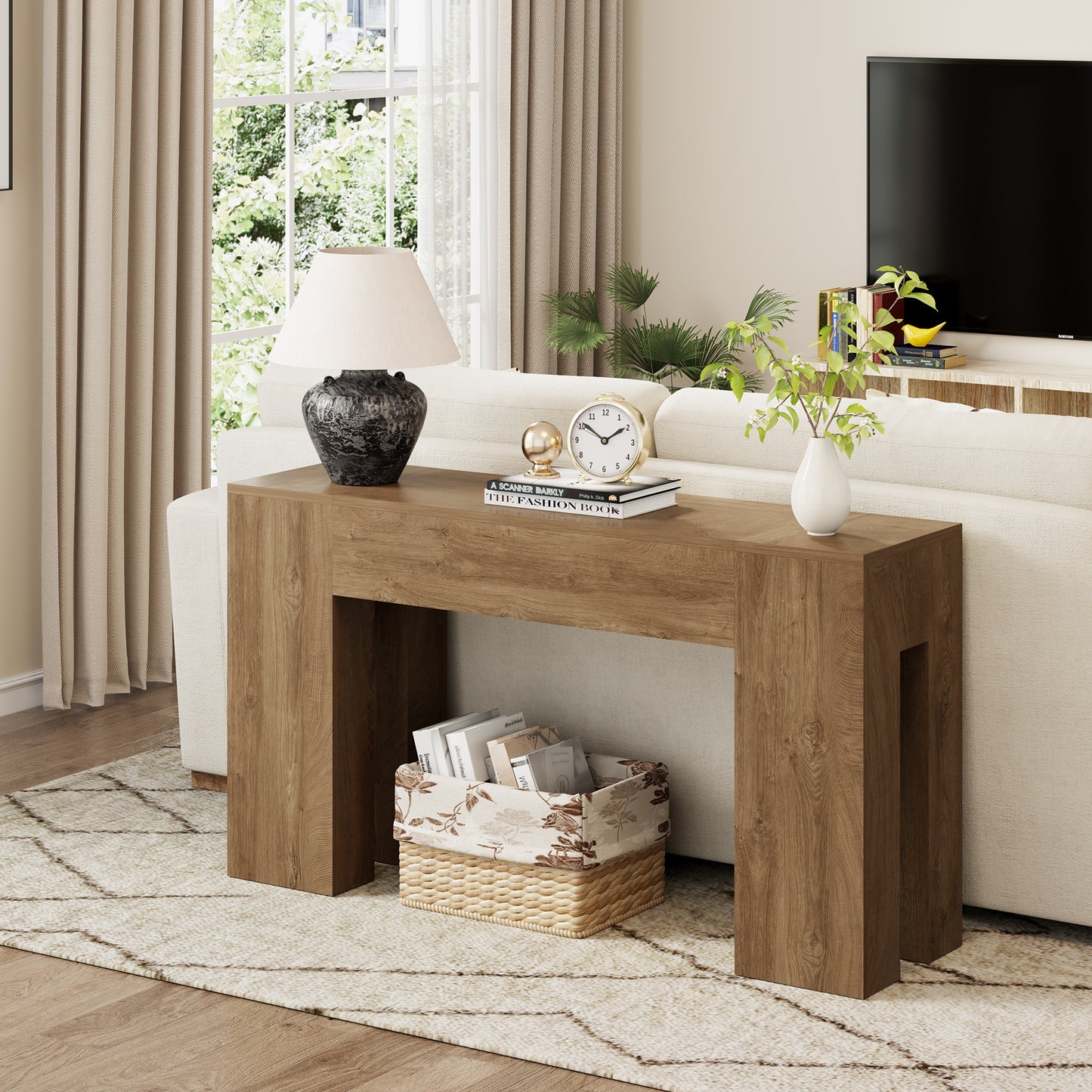 Epecoya 55-Inch Long Sofa Console Table for Entryway Living Room, Farmhouse Wood Behind Couch Table, Rectangular Accent Console with Wooden Double Base for Hallway Foyer Entrance, Natural Oak Brown