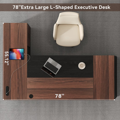 L-Shaped Executive Desk with Power Outlet, 78-Inch Large Office Desk with Storage Drawer and Lateral File Cabinet, Modern Computer Table with Open Shelf and PC Stand for Home Office Study, Brown Black