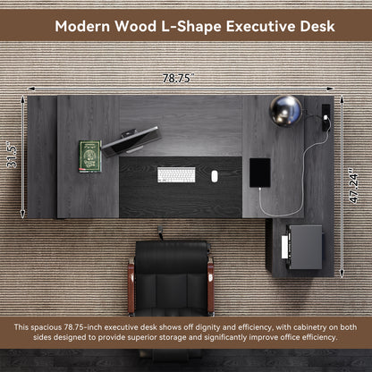 Epecoya L Shaped Desk with Drawers for Home, 78-Inch Executive Office Desk with Power Outlet, Large Home Office Desks with Open Shelf and Storage Cabinet for Home, Grey Black