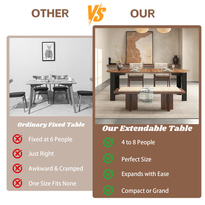 Extendable Dining Table for 4-8 People, 43”-78” Wooden Expandable Round Kitchen Table with 2 Leafs, Space Saving Farmhouse Oval Dining Room Tables for Living Room Apartment, Walnut&Black