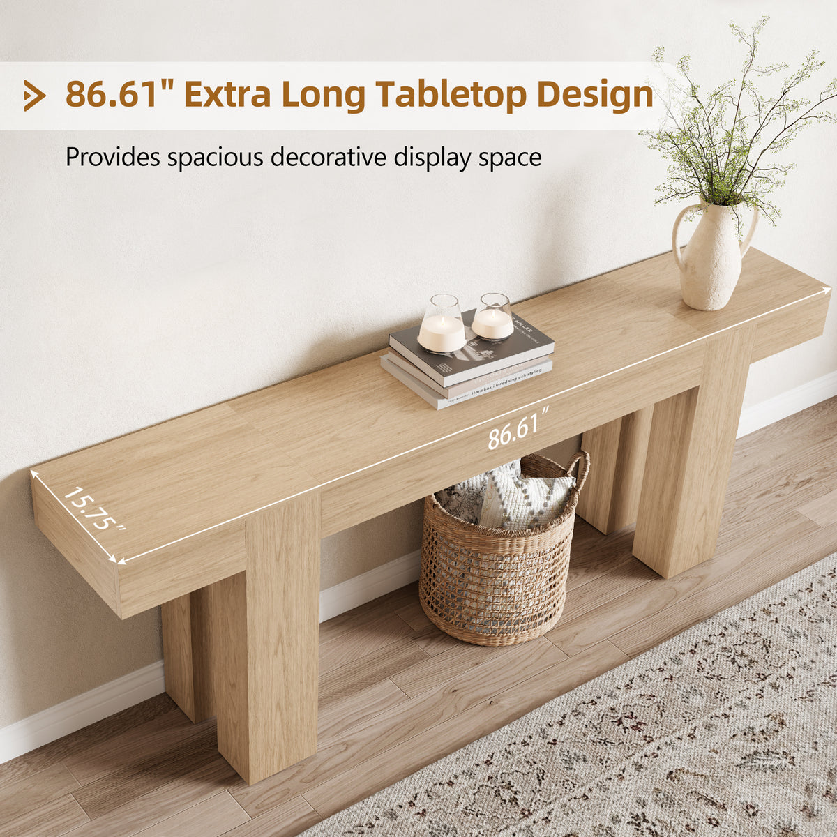 86.6 Inch Extra Console Table Light Oak | Wood Entryway Table | Farmhouse Style | Living Room, Entryway, Hallway
