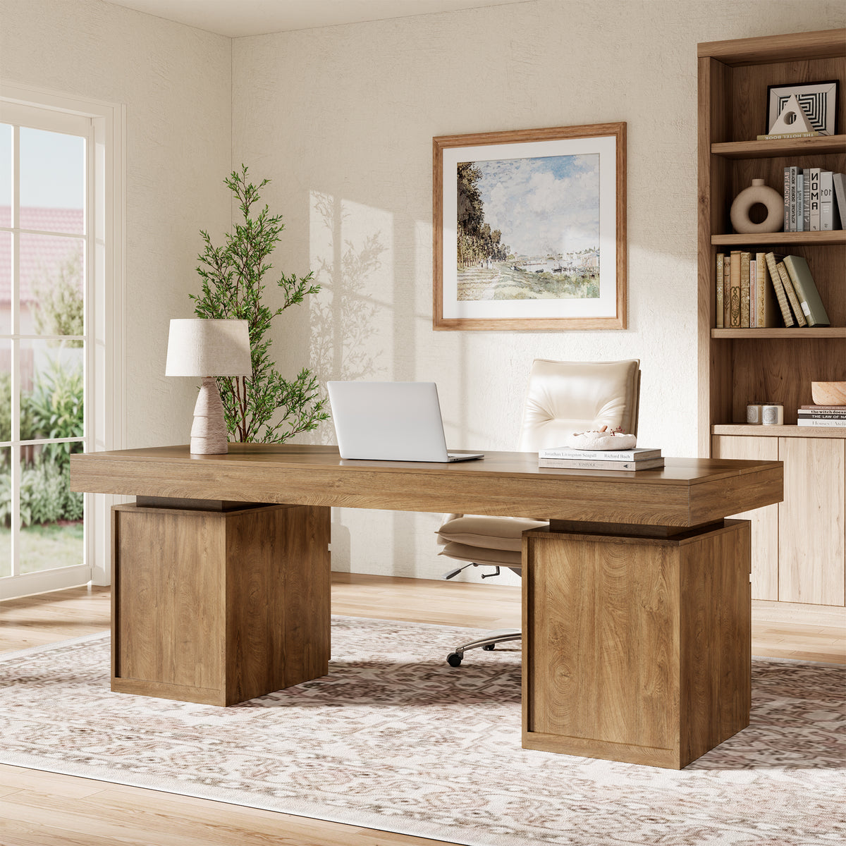71-Inch Wood Executive Desk with Storage, Home Office Desk Large Computer Desk with Drawers & Cabinets, Farmhouse Writing Table for Work, Study, Business Workstation, Natural Oak Brown