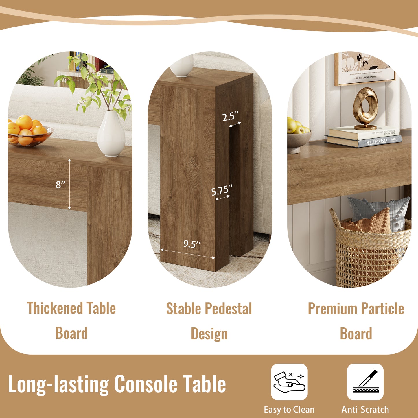 Extra Long Sofa Console Table for Entryway Living Room, 80-Inch Farmhouse Wood Behind Couch Table, Rectangular Accent Console with Wooden Double Base for Hallway Foyer Entrance, Natural Oak Brown