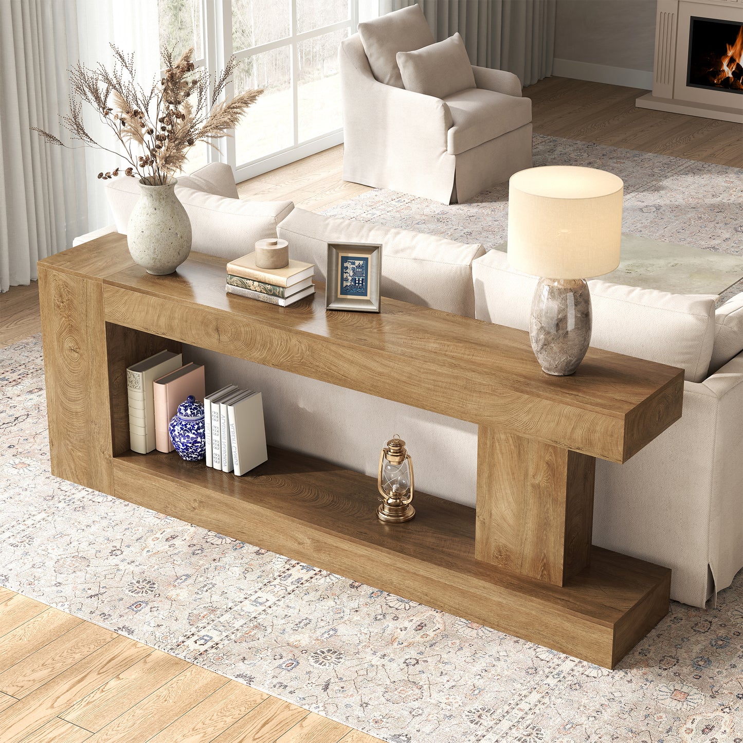 82-Inch Extra Long Console Table, Modern Farmhouse Entryway Table for Hallway Foyer, Sofa Table Behind Couch for Living Room, Natural Oak Brown