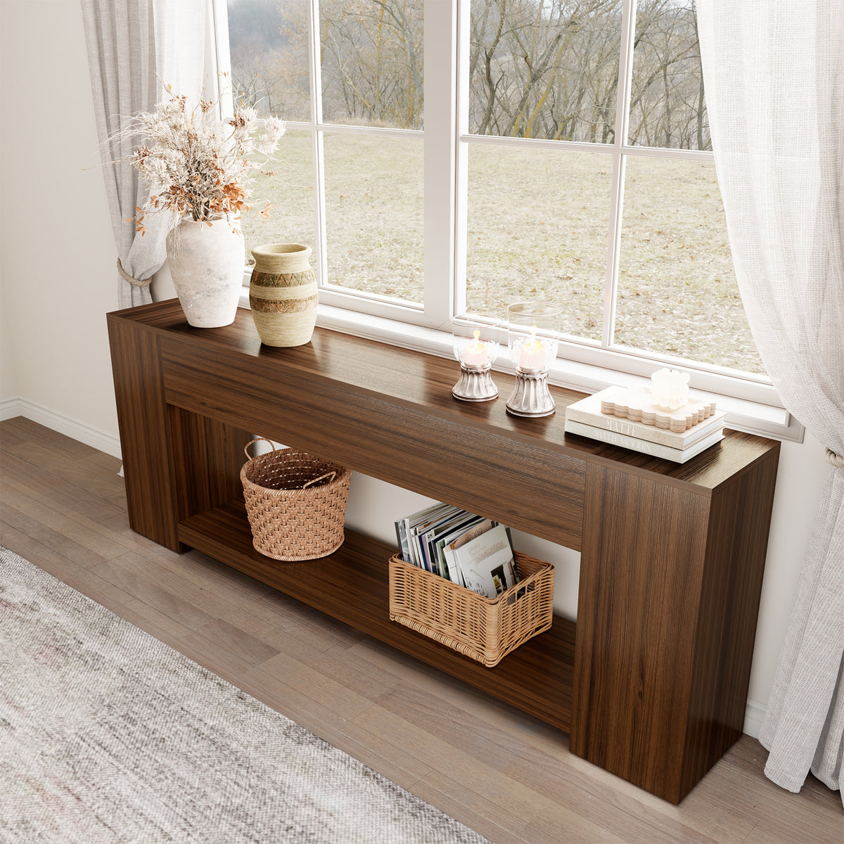 Extra Long Console Table with Open Shelf 86-Inch, Walnut Brown | 2-Tier Sofa Table Behind Couch with Storage, Mid Century Console Table for Entryway, Entrance, Living Room