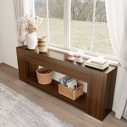 Extra Long Console Table with Open Shelf 86-Inch, Walnut Brown | 2-Tier Sofa Table Behind Couch with Storage, Mid Century Console Table for Entryway, Entrance, Living Room
