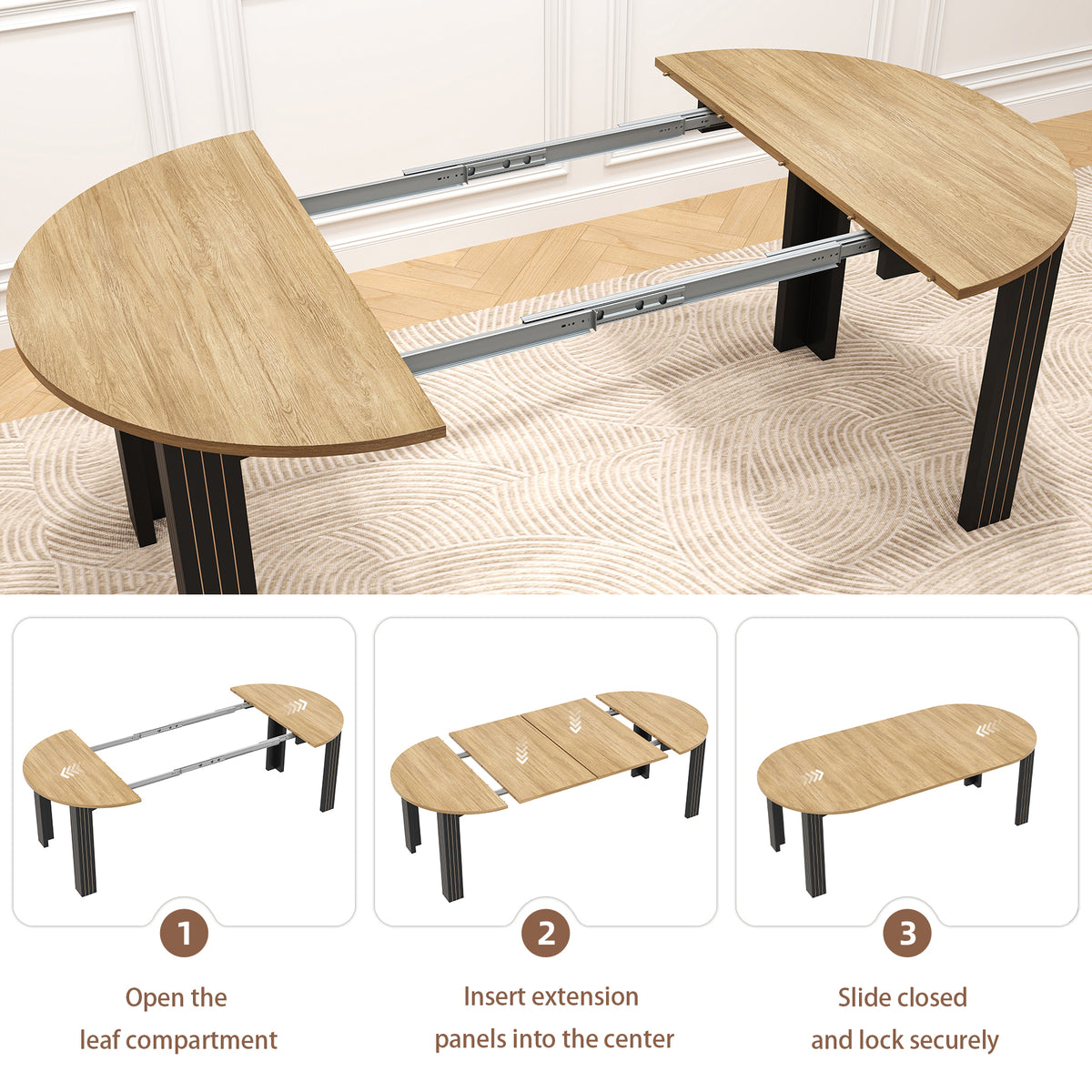 43-Inch Extendable Round Dining Table for 6-8 People, Light Oak Wooden Kitchen Table with Leaf 43"-78", Expandable Oval Dining Table with Black Legs for Dining Room, Apartment