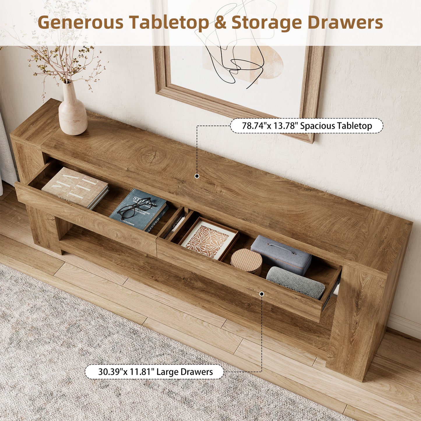 Extra Long Console Table 78 Inch, Sofa Table with Drawers and Shelf | 2 Storage Drawers | Open Shelf | Oak Brown | Farmhouse Sofa Table | Modern Entryway Table | Living Room, Entryway, Hallway