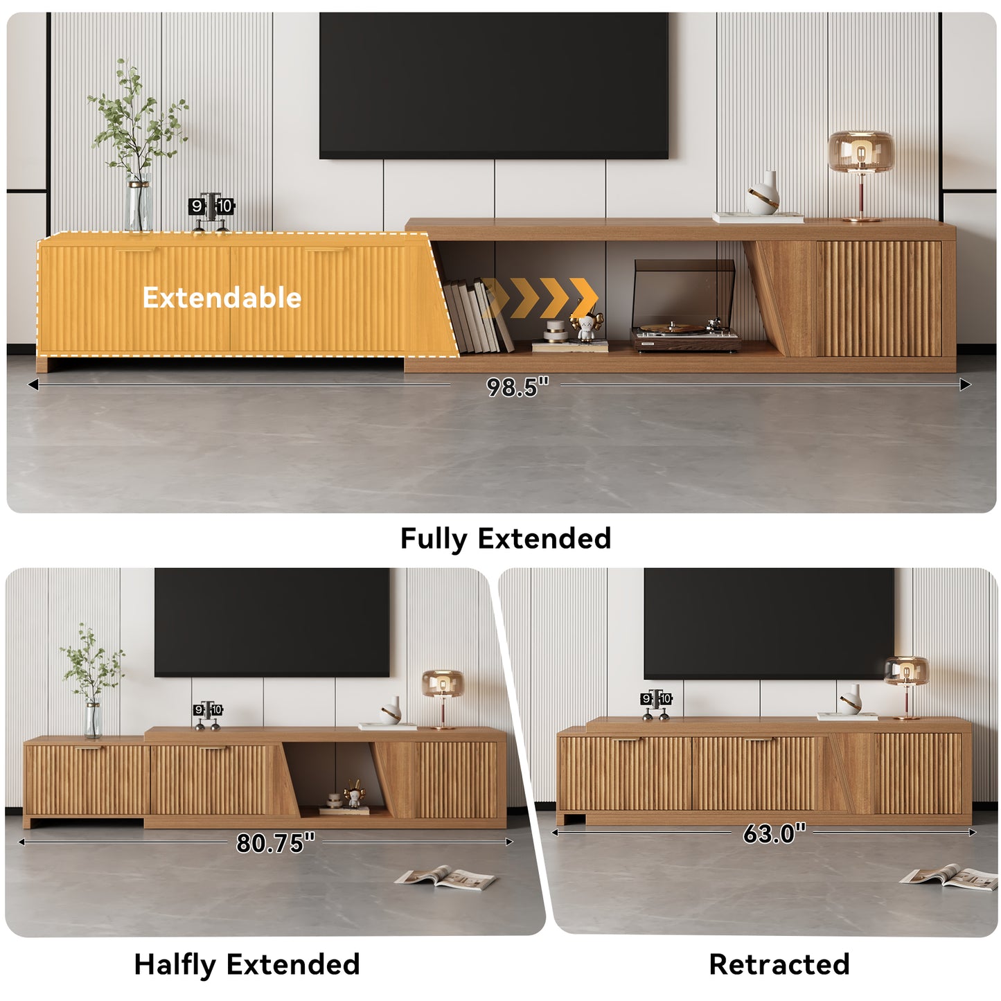 Extendable TV Stand with Storage Cabinet for Living Room, 98.5-Inch Extra Long TVs Media Console Wood Fluted Television Stands with Adjustable Shelf and Drawers for Bedroom, Rustic Brown (63"W-98.5"W)
