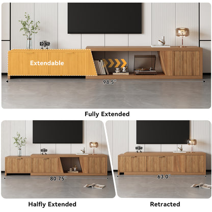 Extendable TV Stand with Storage Cabinet for Living Room, 98.5-Inch Extra Long TVs Media Console Wood Fluted Television Stands with Adjustable Shelf and Drawers for Bedroom, Rustic Brown (63"W-98.5"W)