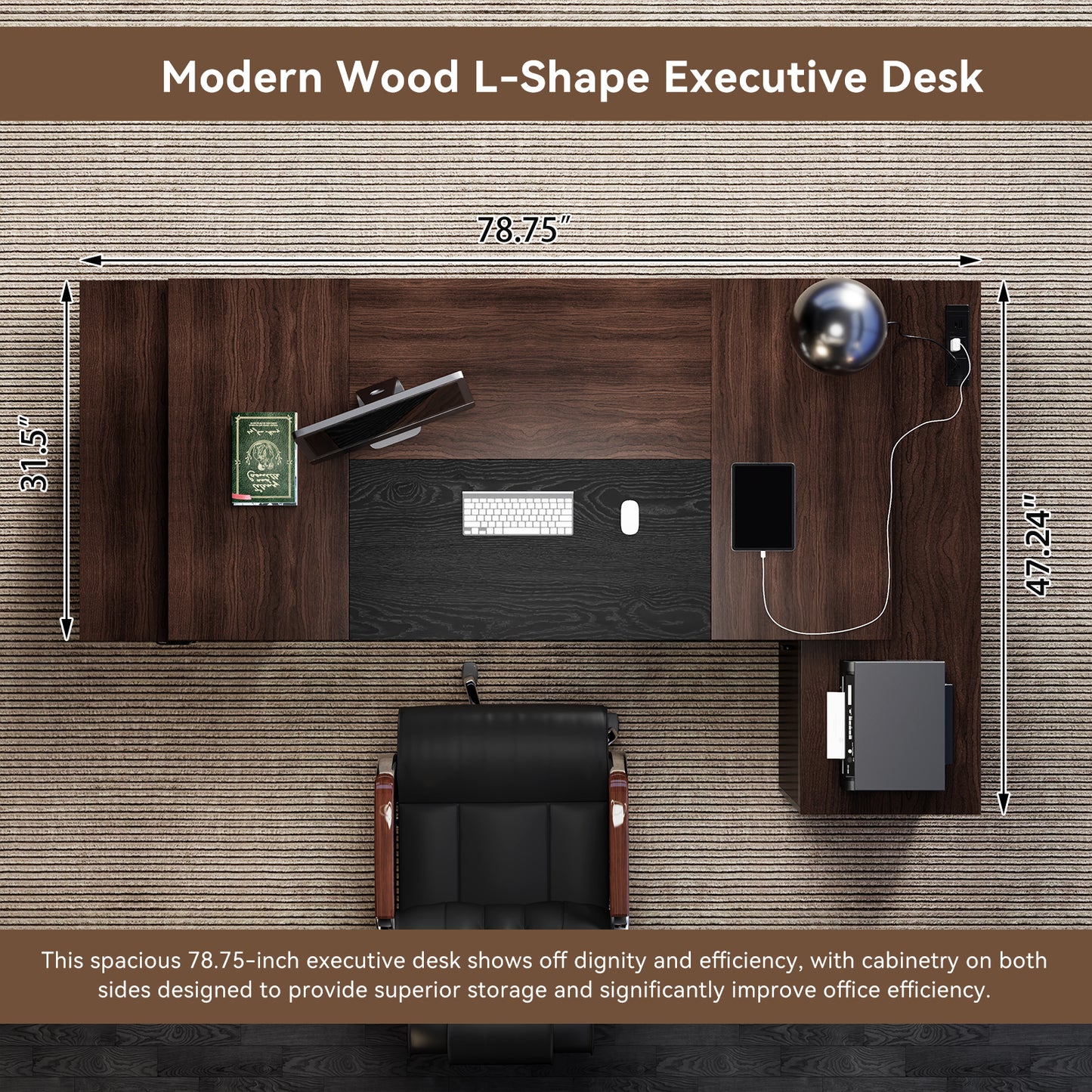 Epecoya L Shape Executive Desk with Drawers and Storage Cabinet, Wooden Executive Office Desk for Home, Large Computer Table with Lateral File Cabinet for Studio, Dark Brown Black