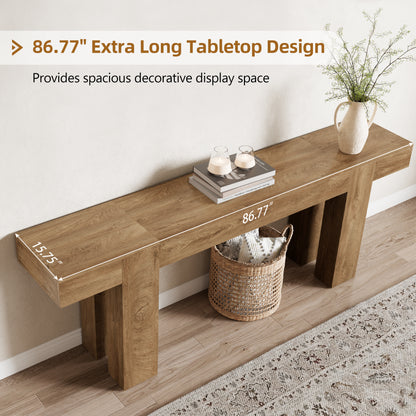 86.77-Inch Extra Long Console Table, Wood Entryway Table, Large Farmhouse Sofa Table Behind Couch for Living Room Hallway, Walnut Style