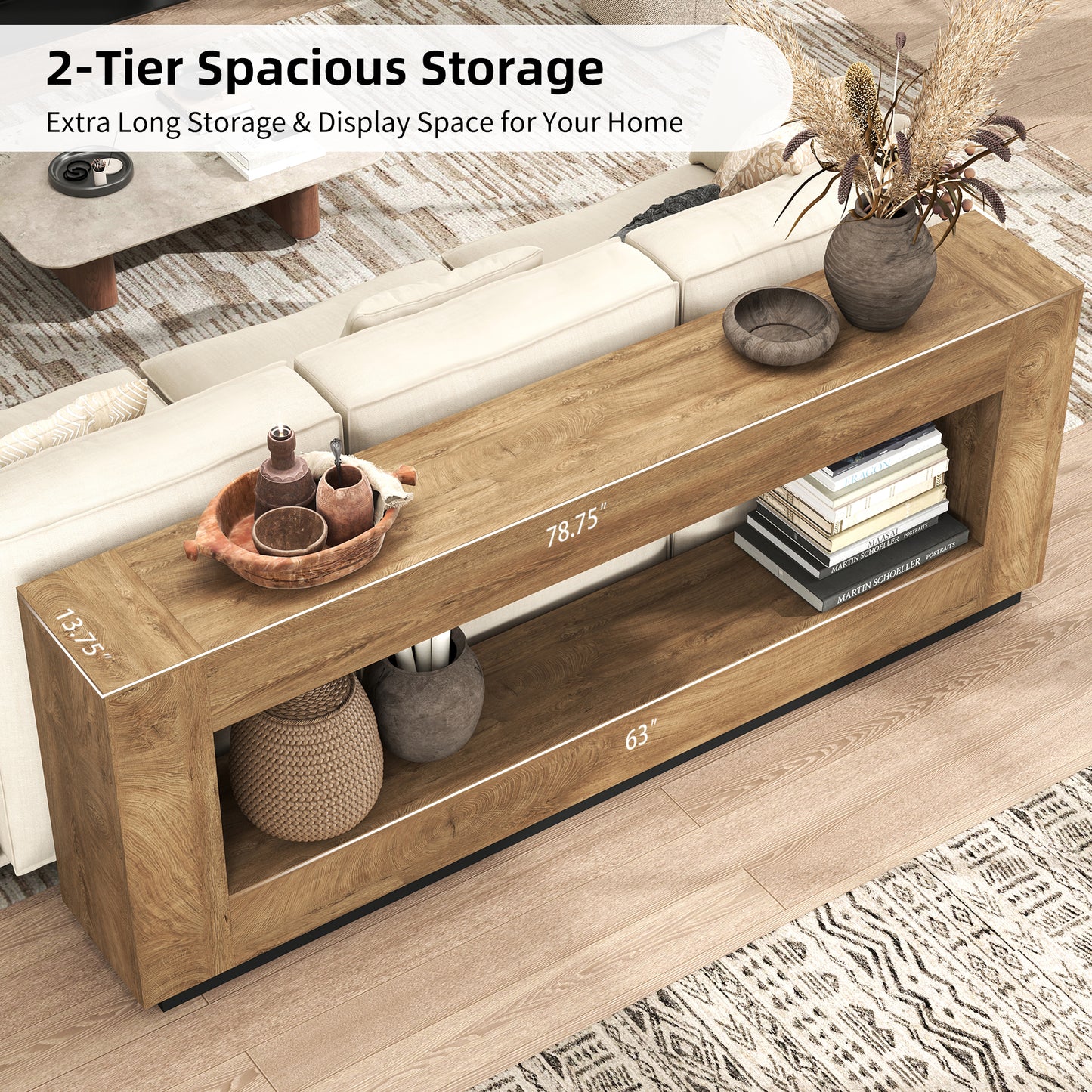 78 Inch Extra Long Console Table for Entryway, 2-Tier Wood Sofa Table Behind Couch with Storage Shelf, Farmhouse Entrance Table with Thickened Base for Living Room, Foyer, Hallway, Oak Brown