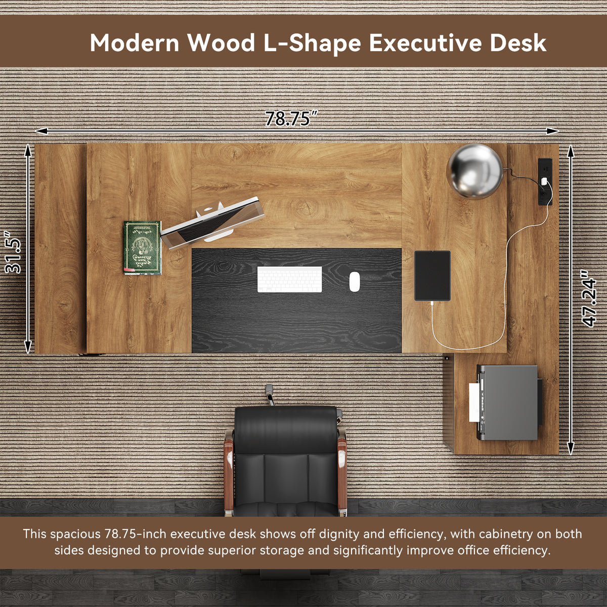 Extra Large L-Shaped Executive Desk with Drawers, Oak Brown Black 78-Inch Modern Home Office Desks with Storage Cabinets, Wooden Computer Workstation Desk for Studio