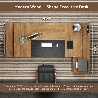 Extra Large L-Shaped Executive Desk with Drawers, Oak Brown Black 78-Inch Modern Home Office Desks with Storage Cabinets, Wooden Computer Workstation Desk for Studio