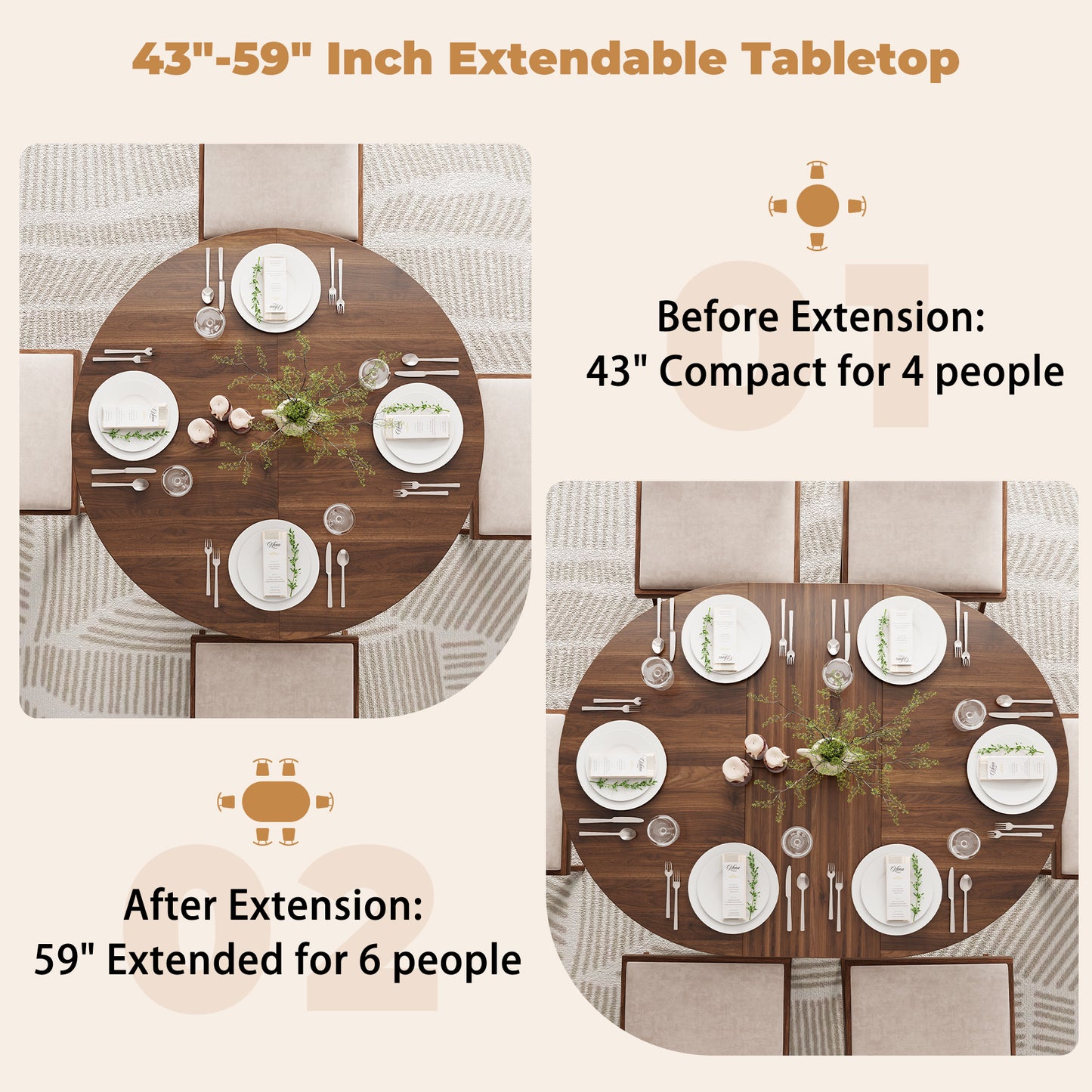 59-Inch Extendable Round Dining Table for Dining Room, 4-6 People Farmhouse Oval Wood Expandable Kitchen Dinner Table with Heavy Cross Pedestal for Living Room, Apartment, Dark Brown Walnut