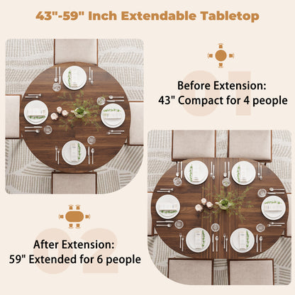 59-Inch Extendable Round Dining Table for Dining Room, 4-6 People Farmhouse Oval Wood Expandable Kitchen Dinner Table with Heavy Cross Pedestal for Living Room, Apartment, Dark Brown Walnut