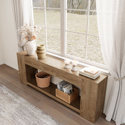 86-Inch Extra Long Console Table for Entryway, Farmhouse Sofa Table Behind Couch Wooden, 2-Tier Entry Console Tables with Storage for Entrance, Living Room, Natural Oak Brown