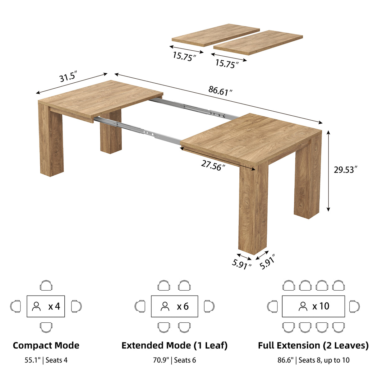 Extendable Dining Tables for 4-10, Modern Farmhouse Kitchen Table 55"-87" Expandable Rectangular Dining Table with 2 Leaves, Transformer Dinner Tables for Living Room, Natural Oak Brown