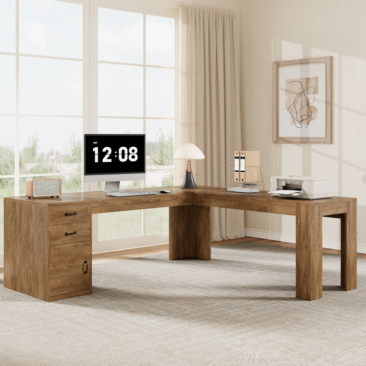 83" Farmhouse L Shaped Office Desk with Cabinet & Drawer, Oak Brown Wood Executive Computer Desk with Spacious Storage, Large Corner Workstation Ideal for Home Office