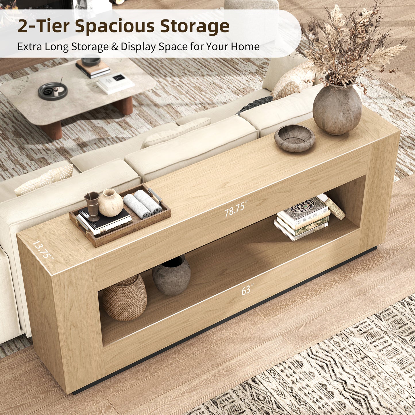 Extra Long Console Table for Entryway, 78 Inch 2-Tier Wood Behind Couch Sofa Table with Storage, Farmhouse Entrance Table for Living Room,Living Room, Foyer, Hallway, Light Oak